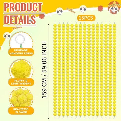 6 Pcs× 5 Feet Long Marigold Flowers Garland Bulk Indian Wedding Party Mantel Decoration Artificial Dia de Los Muertos Decorations for Altar Faux Flower Garland for Diwali, Bush Floral Party(Yellow) in Kuwait