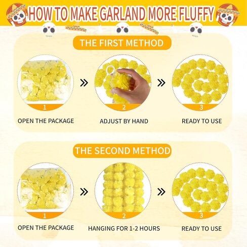 6 Pcs× 5 Feet Long Marigold Flowers Garland Bulk Indian Wedding Party Mantel Decoration Artificial Dia de Los Muertos Decorations for Altar Faux Flower Garland for Diwali, Bush Floral Party(Yellow) in Kuwait