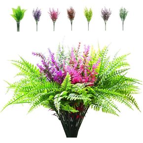 12 Pcs Artificial Plants & Flowers Including 6 pcs Faux Boston Ferns and 6 pcs Faux Lavender Plastic Fake Plants Artificial Flowers for Indoors Outdoors Home Porch Garden, 12pcs