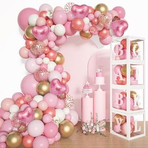 Amandir 135PCS Baby Shower Decoration for Girl Rose Gold Pink Balloon Garland Kit 4PCS Baby Balloon Block Boxes with Letters for Birthday Party Supplies Gender Reveal Decor