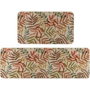 Watercolor Leaves Eucalyptus Fall Kitchen Rugs Set of 2, Autumn Harvest Thanksgiving Home Decor Low-Profile Kitchen Mats for Floor - 17x29 and 17x47 Inch