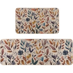 Watercolor Flowers Leaves Fall Kitchen Rugs Set of 2, Autumn Harvest Thanksgiving Home Decor Low-Profile Kitchen Mats for Floor - 17x29 and 17x47 Inch