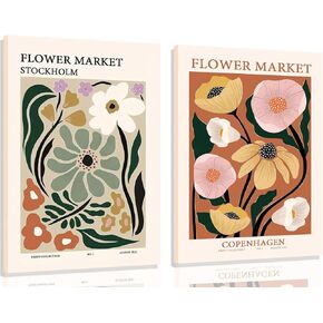 ANVOTIG Framed Flower Market Wall Art Canvas Vintage Botanical Decor Print Posters Floral Plants Canvas for Living Room Bedroom bathroom 2Pcs12x16in