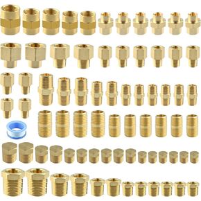 78PCS Brass Pipe Fittings Assortment Kit NPT Adapter, Hex Nipple, Hex Coupling, Reducer Busing, Hex Coupling, Close Nipple, Hex Head Plug Brass Fittings Kits