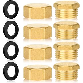Jeffdad 8Pcs Blanking Plugs Set, 1/2 Inch Male and Female Thread Blanking Plugs Brass Water Pipe Hexagonal Blanking Plugs Sealing Cap with Rubber Seals for Water Pipe, Radiator, Distributor