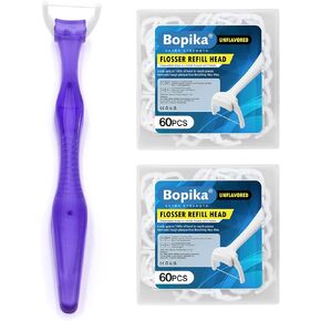 Bopika Dental Floss, Extra Strength Floss with Dental Floss Handle and flosser refill heads (1 Handle + 120 Refills)