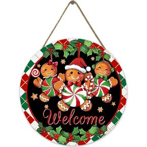 Welcome Christmas Gingerbread Man Front Door Sign, Rustic Wooden Wreath Indoor Wall Hanging Decoration, Stripes Holly Berry Holiday Wooden Wreath Indoor Wall Hanging Decoration 12 Inch