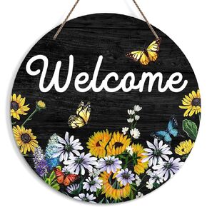 Bee Welcome Sign for Front Door, Sunflower Welcome Door Sign Decoration, Honey Bee Round Decorative Wall Sign, Summer Wooden Hanging Sign for Farmhouse Home Porch Living Room -23