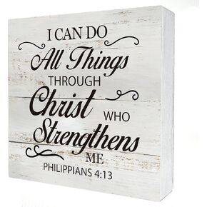 Inspirational Bible Verse I Can Do All Things Through Christ Wooden Box Sign Desk Decor Rustic Scripture Wood Block Plaque Box Sign for Home Living Room Office Shelf Table Decoration (5 X 5 Inch)