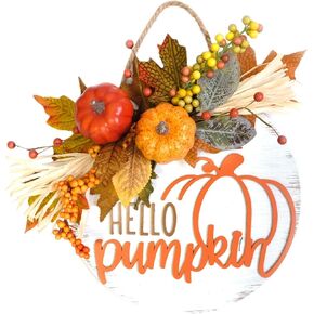 Welcome Sign for Front Door 12'' Wood Wreath Farmhouse Door Sign for Front Door Porch Decor with Pumpkin, Berry & Buffalo Bow
