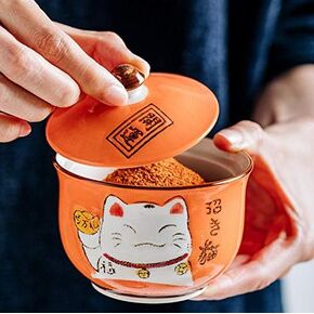 EatingBiting Ceramics Japanese Maneki Neko Lucky Cat Sugar Salt Pepper Storage Jar with Lid And Spoon Sugar Salt Pepper Storage Jar Seasoning Pot with Lid and Spoon for Home Kitchen