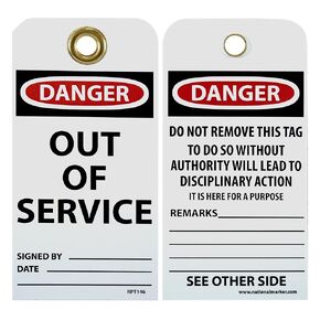 NMC RPT146G Danger - Out of Service Tag 3 in. x 6 in. 2 Sided Vinyl Danger Tag with White/Black Text on Red/White Base, Medium [Pack of 25]