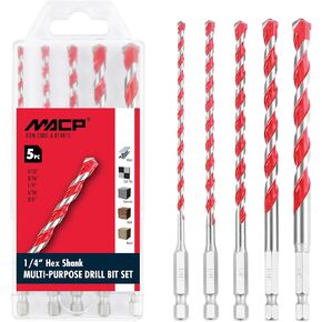 MACP Multi-Purpose Carbide Tip Drill Bit Set - 5 Pcs Hex Shank Masonry Drill Bit for Metal, Brick, Block, Wood, Plastic, Tile, 5/32'', 3/16'', 1/4'', 5/16'', 3/8''