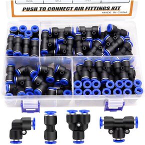 mankk 60PCS 1/4"OD Push to Connect Fittings Quick Connect Air Hose Fittings Quick Release Pneumatic Kit (15 Spliters,15 Elbows,15 Tee,15 Straight) Air Line Fittings for 1/4"Tube M-137