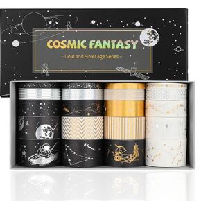 AEBORN Galaxy Washi Tape Set - 20 Rolls 5/10/15/20/25mm Wide 6.56ft Long/Roll Black Gold Silver Foil Decorative Tapes for Bullet Journaling, DIY Crafts, Scrapbooking Supplies