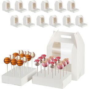Cake Pop Boxes Packaging, 12 pcs Portable Cake Pop Holder Boxes with Clear Window 18 Holes Tall Cakepop Display Carriers for Lollipops,Candy Pops, Cake Pop Supplies (White)