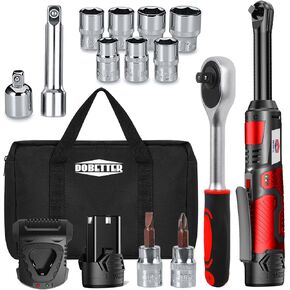Dobetter Cordless Ratchet Wrench 3/8 Electric Ratchet Wrench Set, 55 N·m Power Ratchet Tool with (2) 2 Ah Lithium Batteries, 7 Sockets, 2 Screwdrivers, 1 Extender, 1/4 Adapter, Quick Charger -DBCRW12