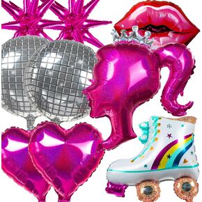 12pcs Hot Pink Princess Girl Doll Foil Balloon Lip Letter LETS GO Party Silver Disco ball Balloon For Princess Theme Party Decorations Backdrop Bachelorette Party Adult Women Birthday Supply