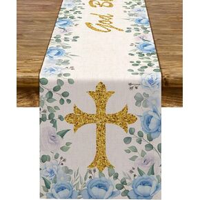 Pudodo Boy Baptism Table Runner God Bless First Holy Communion Christening Baby Shower Party Kitchen Dining Home Decoration (13" x 72", Blue)