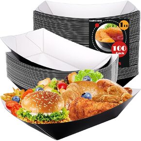 Paper Food Trays,100 Pcs Paper Food Boats,Nacho Trays Disposable Paper Serving Boats,Paper Boats for Serving Food Condiments Concession Food Snack Taco Party (Black & White,1 LB)