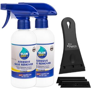 Perco Glue Off Adhesive Remover 3.3 oz & Scraper with Plastic Razor for Removing Labels (Adhesive Remover & Scraper w/Plastic Razor)