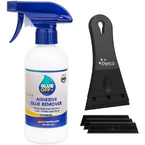 Perco Glue Off Adhesive Remover 3.3 oz & Scraper with Plastic Razor for Removing Labels (Adhesive Remover & Scraper w/Plastic Razor)