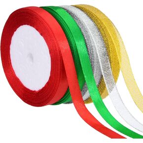 Hapeper 4 Rolls 100 Yards Christmas Ribbon Satin Metallic Glitter Ribbons for Gift Wrapping, Christmas Tree Wreath Decoration (10mm Wide)