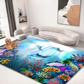 QH Dolphins Sea Plants Coral Area Rug 5'x6' Floor Mats Washable Non-Slip Large Rugs for Living Room Kitchen Bedroom Dining Room Outdoor Home Decor