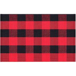 Buffalo Plaid Rug Check Rug Outdoor Indoor Front Porch Check Doormat Washable Woven Front Porch Decor for Door Home Entrance Kitchen (Red Black Plaid, 35.4 x 23.6 Inch)
