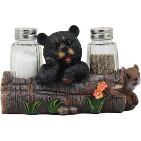 Ebros Black Baby Bear Cub Sitting In Log With Squirrel Salt And Pepper Shakers Holder Statue 6.75"Long Cabin Lodge Whimsical Bear Dining Table Centerpiece
