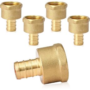 5-Pack PEX Fittings, 3/4" PEX x 1" Female NPT, Brass Pex Female Adapter, Crimp Fitting for Pex Pipes, ASTM F1807