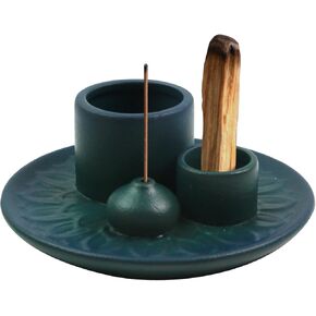 5.08" Incense and Candle Holder for Burning Sage,Ceramic Ash Catcher Tray for Meditation Room, 3 use-Blue