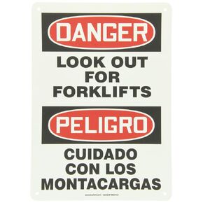 Accuform SBMVHR110VP Plastic Spanish Bilingual Sign, "Danger Look Out for FORKLIFTS/PELIGRO CUIDADO CON Los MONTACARGAS", 14" Length x 10" Width x 0.055" Thickness, Red/Black on White