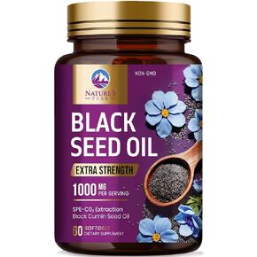 Black Seed Oil Softgels 1000mg - Premium Extra Strength Nigella Sativa Black Seed Oil, Pure Black Cumin Seed Oil for Hair, Skin, Brain Health & Immune Support, Non-GMO, Sugar & Gluten Free - 60 Count