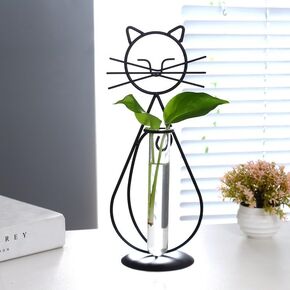 Cat Glass Plant Vase Holder, Kitten Cat Plant Stand, Decorative Metal Flower Vase Holder for Living Room Home Office Decoration, Black, HG23172FES