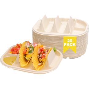 50 Pcs Small Disposable Taco Plates for Party, Cornstarch Taco Holders with 2 Dipping Areas, Hold for 2 Tacos, Square Fiesta Taco Trays for Taco Night, Microwave Safe