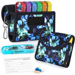 Pill Organizer Case, Weekly Travel Pill Case Medication Reminder Daily AM PM, Day Night 7 Compartments, for 4 Times A Day, 7 Days a Week - Includes Neoprene Carrying Case with a Removable Hook