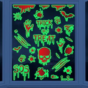 Whaline 9 Sheet Halloween Glow in The Dark Bloody Window Stickers Trick or Treat Skull Bat Handprint Luminous Window Decals Glowing Window Clings for Halloween Haunted Theme Party Decorations