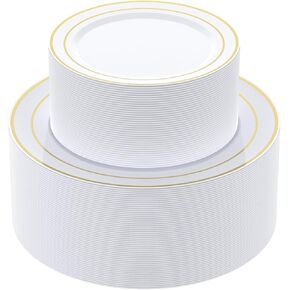 JOLLY CHEF 102 Count Gold Disposable Plastic Plates, Heavyweight Disposable Wedding Plates Set White Party Plate with Gold Rim, Includes 51 Dinner Plates 10" and 51 Dessert Plates 7"