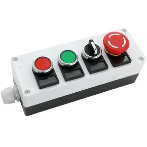 22mm Control Station Box Set - includes N/O Small Momentary Push Buttons (Red and Green), 2-Position Maintained Selector Rotary Switch and Stay-Put Mushroom Head Emergency Push Button