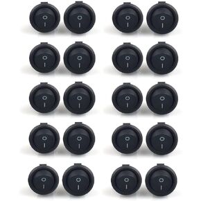20Pcs Round Rocker Switch Set, 2 Pin SPST ON/OFF Small Black Boat Rocker Switch, 15mm Mount Diameter Toggle Switch for Household Appliances