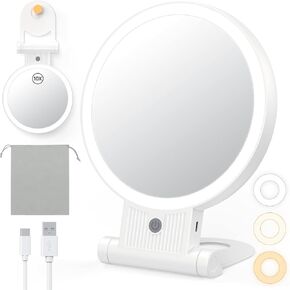 Gospire Makeup Mirror with Lights, 1x/10x Magnifying Mirror for Desk, Adjustable Handle for Tabletop Hanging Handheld, Travel Rechargeable LED Lighted Vanity Mirror with 3 Light Colors, Women Gift