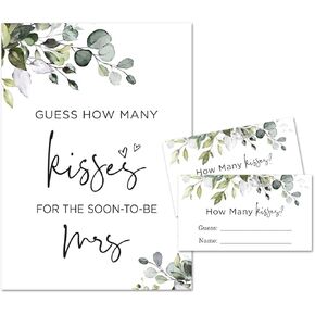 InvitationHouse Boho Greenery How Many Kisses for the Mrs, Bridal Shower Game (48 Cards + 1 Sign)