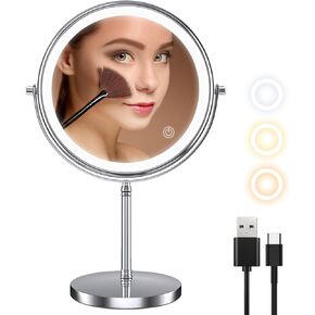 zelaxy 8 Inch Makeup Vanity Mirror with Lights, Rechargeable Double Sided 1X 10X Magnifying Mirror, Lighted Makeup Mirror with 3 Color Lighting, Touch Sensor Dimming, Brightness Adjustable (Bronze)