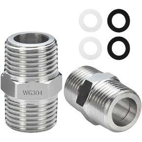2 Pack Shower Hose Extension 1/2" to 1/2" Chrome Hex Nipple Water Line Adapter Used to Connect Two Hoses Includes Rubber Washer