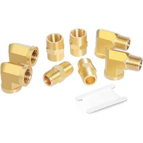GASHER 8PCS 1/8 Inch NPT Brass Pipe Fittings, Hex Nipple, Hex Coupling, 90 Degree Barstock Street Elbow Air Hose Fittings
