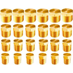 WHK 24 PCS Brass Hex Pipe Plug Fittings Kits,Brass Plugs Fitting Assortment 1/8" 1/4" 3/8" 1/2" NTP Brass Plug Male Threaded