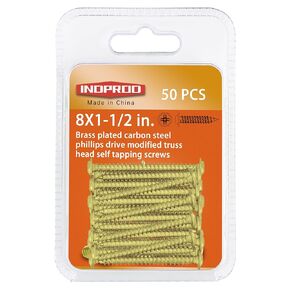 INDOROD #8 x 1" Truss Head Phillips Wood Screw (100 Pack), Brass Plated Screws, Self Tapping Wood Screws, Modified Truss Head, Brass Screws for Wood, 8 x 1 Inch, Gold