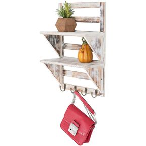 Excello Global Products 2-Tier Rustic Whitewashed Mounted Wood Wall Shelf with Shabby Chic, Farmouse Decor with 4 Hooks. Perfect For Any Room