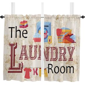 Laundry Room Kitchen Curtain 24 Inch Length, Rustic Blue Fold Small Short Cafe Tiers Curtains Drape, 2 Panel Window Treatment Rod Pocket Drapery Panels Curtains for Laundry Room/Kitchen Windows, 55x24